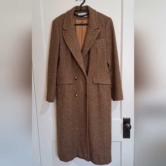 J.G. Hook VTG 100% Pure Wool Brown Herringbone Long A line Winter Pea Coat M - Picture 1 of 11